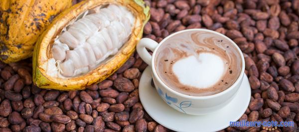 une cabosse de cacao à côté d'une tasse de chocolat chaud