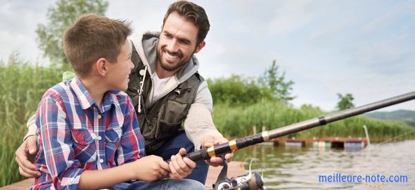 Père et fils tiennent une canne à pêche 