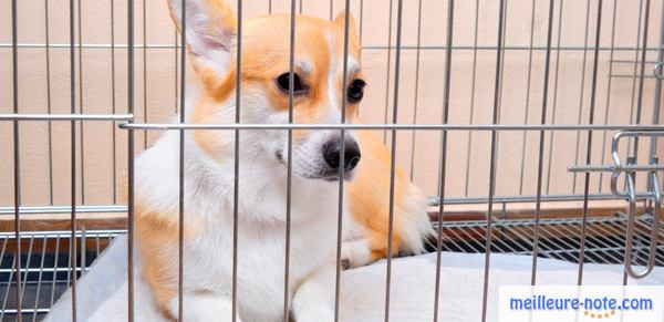 un chien blanc dans une cage