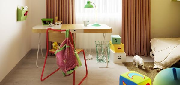 Une chambre d'enfant multicolore avec un bureau